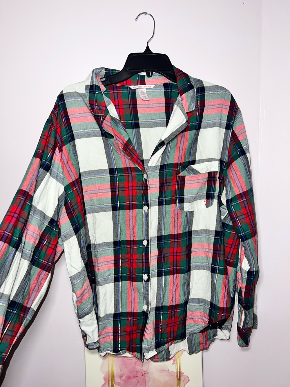 Victoria's Secret Plaid Button-Up in Red, Green & Pink